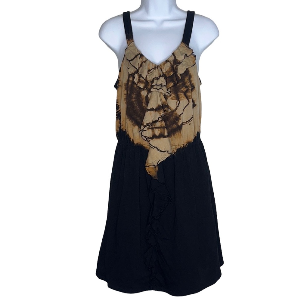 EXPRESS Custom Tie Dyed Tank Dress Upcycled Boho Ruffle Front Sundress Black Tan